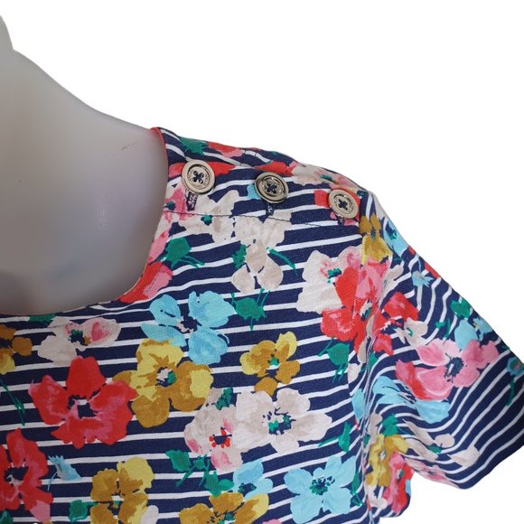 Joules Womens Floral Top Size‎ 12 Harbour Print Blue White Stripe Button Accents - Picture 3 of 6